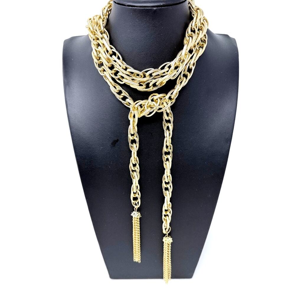 Vtg Gold Tone Chunky Chain Tassel Lariat Belt Necklace 54" MCM Light Statement